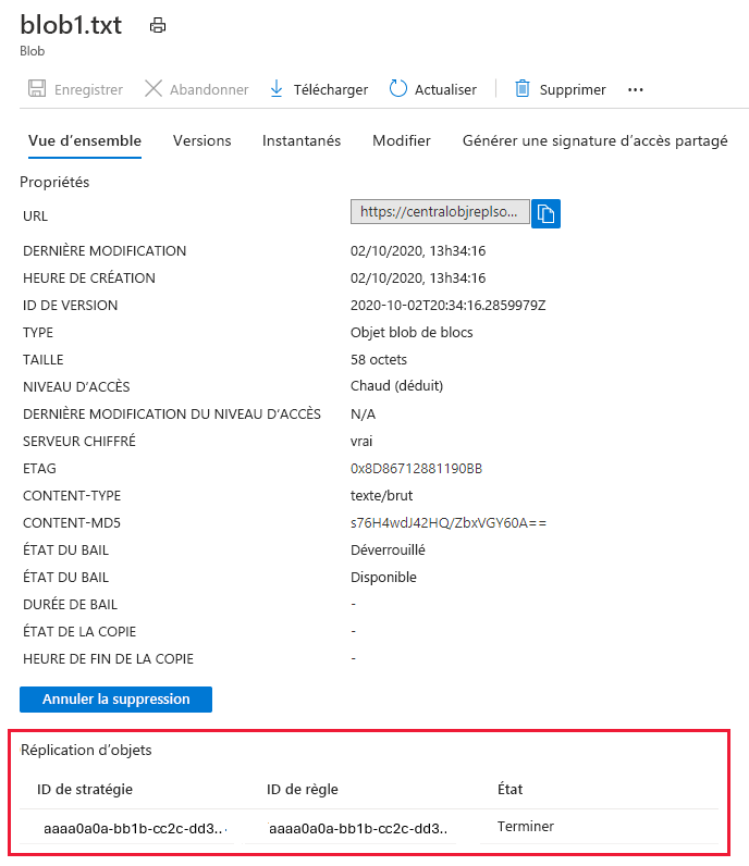 Capture d’écran illustrant l’état de réplication d’un objet blob dans le compte source