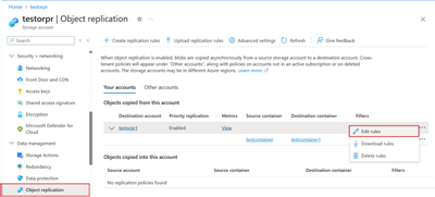 Capture d’écran montrant comment localiser l’option Modifier les règles de réplication pour les règles de réplication existantes.