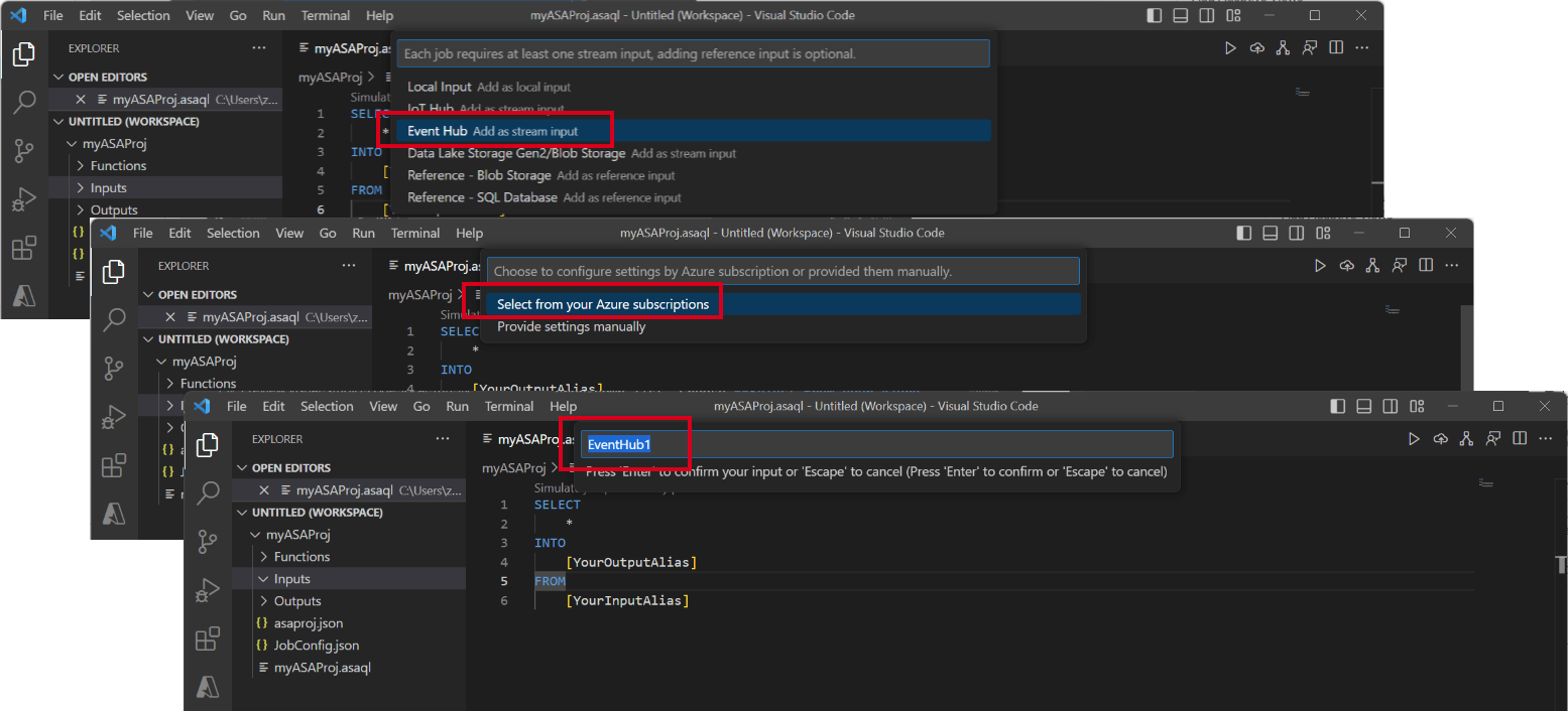 Capture d’écran de l’extension VS Code montrant une série d’étapes pour la configuration de l’entrée Event Hub.