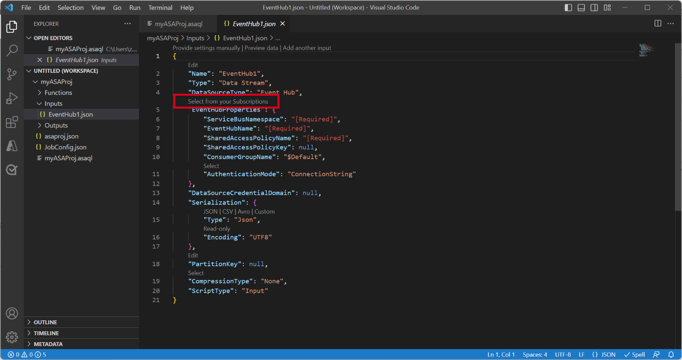 Capture d’écran de l’extension VS Code montrant les fichiers json d’entrée.