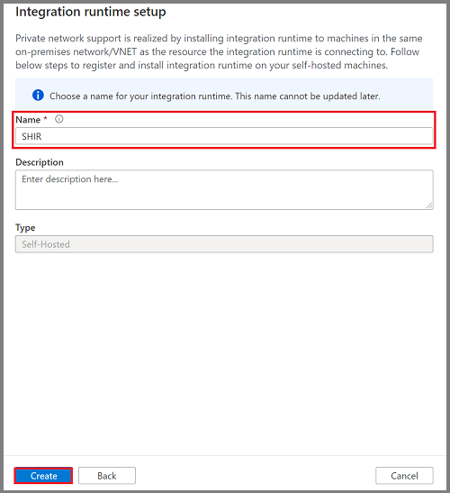 Capture d’écran présentant où entrer le nom du runtime d’intégration auto-hébergé.