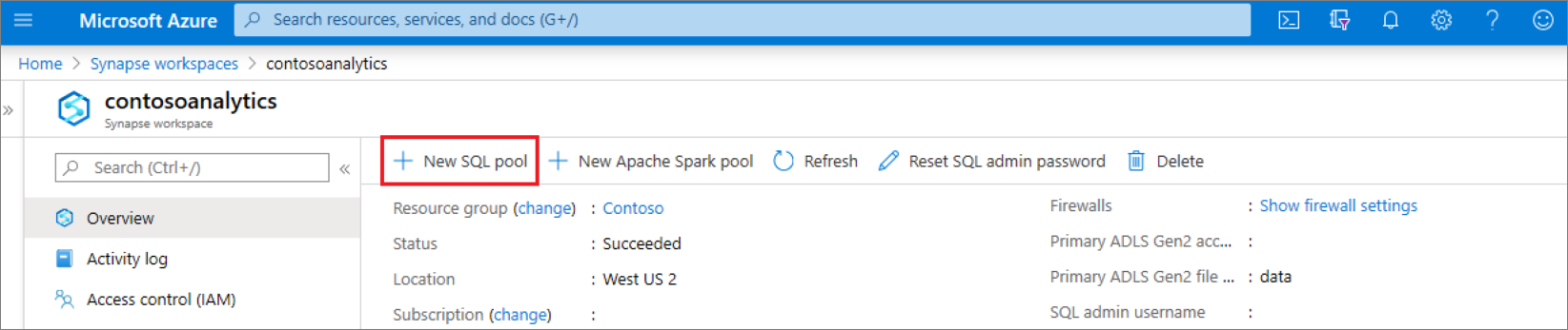 Vue d’ensemble de l’espace de travail Synapse avec une zone rouge autour de la commande pour créer un pool SQL dédié.