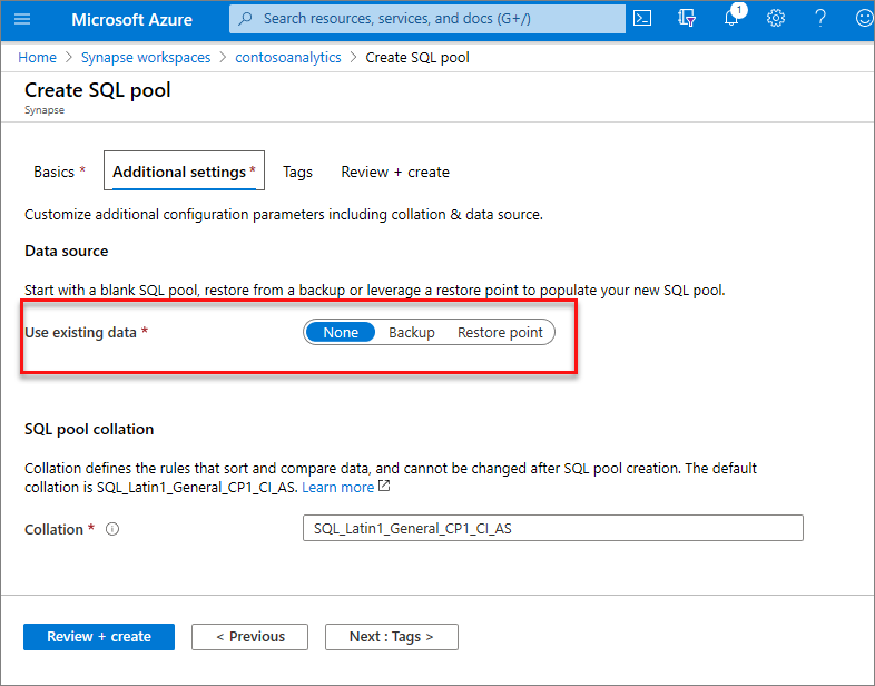 flux de création de pool SQL dédié - onglet Paramètres supplémentaires.