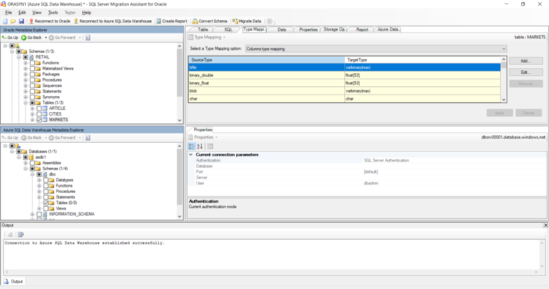 Capture d’écran montrant comment effectuer la migration de tables à partir d’un environnement existant Oracle vers Azure Synapse en utilisant l’Assistant Migration SQL Server pour Oracle.
