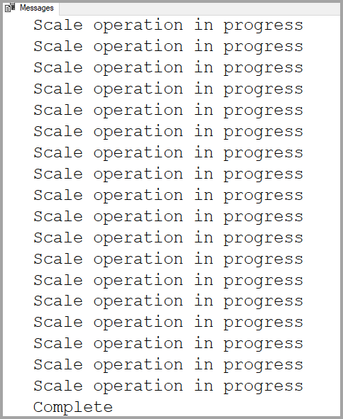 Capture d’écran de SQL Server Management Studio montrant la sortie de la requête pour superviser l’état de l’opération du pool SQL dédié. Une série de lignes «&nbsp;Opération de mise à l’échelle en cours&nbsp;» s’affiche, se terminant par une ligne indiquant «&nbsp;Terminé&nbsp;».