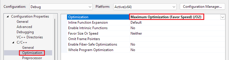 Capture d’écran de la boîte de dialogue des pages de propriétés du projet. Les paramètres sont ouverts aux Propriétés de configuration > C/C++ > Optimisation. La liste déroulante Optimisation est définie sur Optimisation maximale (favoriser la vitesse) (/O2).