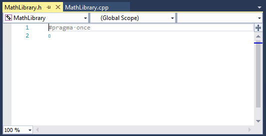 Capture d’écran du fichier MathLibrary.h vide dans l’éditeur.
