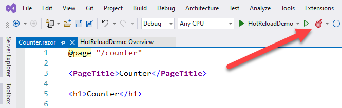Visual Studio&nbsp;2022&nbsp;: Élément de menu et icône Rechargement à chaud.