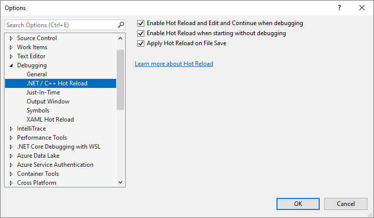Visual Studio 2022&nbsp;: Options de configuration du Rechargement à chaud dans «&nbsp;Outils > Options > Débogage > Rechargement à chaud .NET/C++&nbsp;».