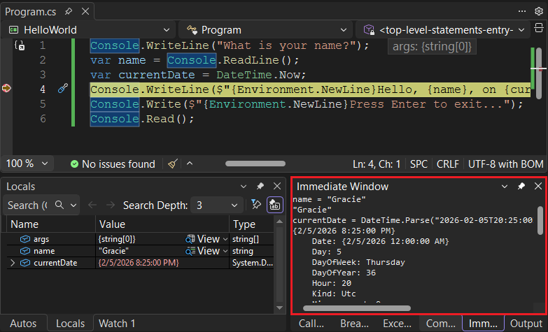 Fenêtre Variables locales et la fenêtre Exécution immédiate dans Visual Studio