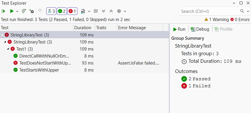 Fenêtre de l'Explorateur de tests avec des tests ayant échoué