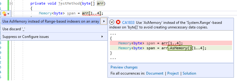 Correctif de code pour CA1833&nbsp;: Utilisez AsSpan ou AsMemory plutôt que des indexeurs basés sur une plage pour obtenir la partie Span ou Memory d’un tableau