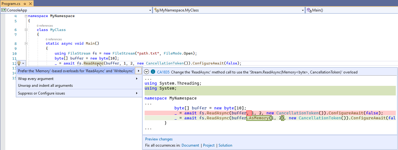 Correction de code pour CA1835&nbsp;: Préférer les surcharges basées sur la mémoire des méthodes ReadAsync/WriteAsync dans les classes basées sur un flux
