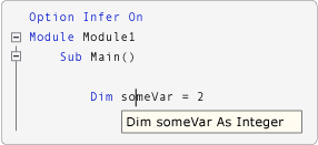 Capture d’écran montrant l’affichage IntelliSense lorsque l’option Infer est activée.