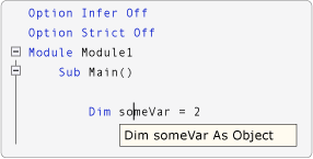 Capture d’écran montrant l’affichage IntelliSense lorsque l’inférence d’option est désactivée.