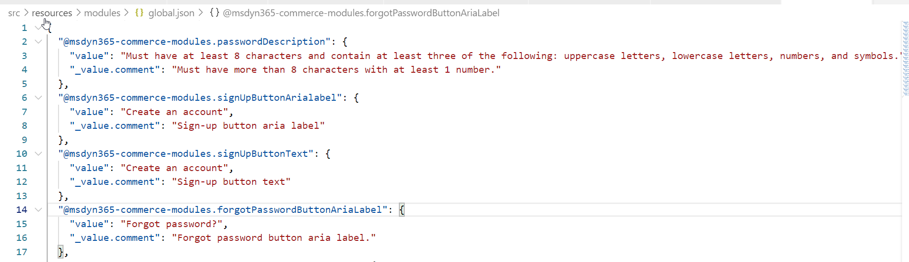 Capture d’écran du texte du lien mis à jour dans le fichier global.json du module de connexion.