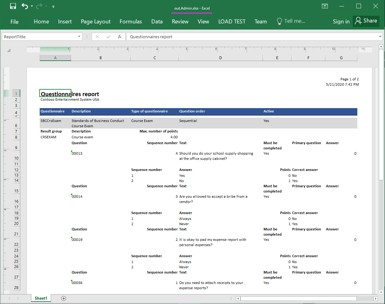 Exemple d’état généré au format Excel, page&nbsp;1.