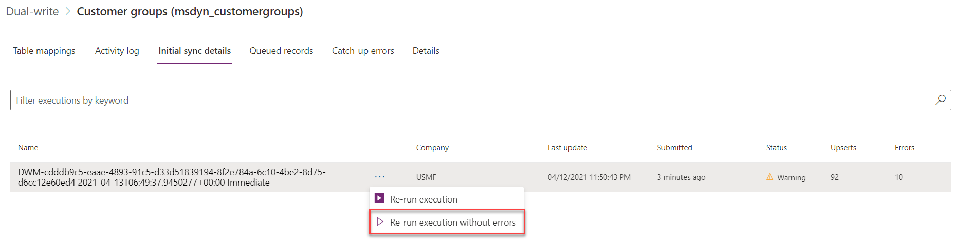 Screenshot of the initial sync retry with errors.