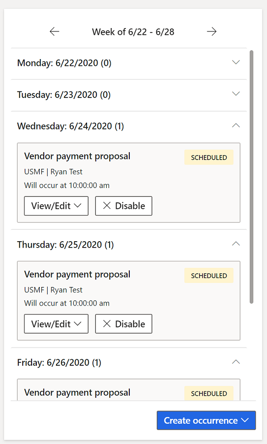 Capture d’écran de la vue calendrier de l'automatisation de processus.