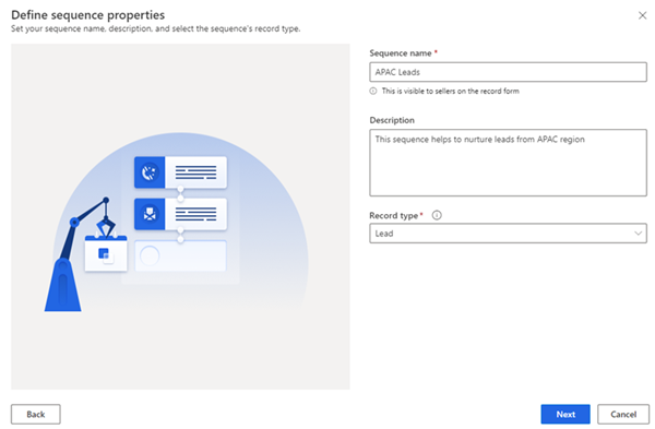 Capture d’écran de la boîte de dialogue Créer une séquence dans Dynamics 365 Sales.