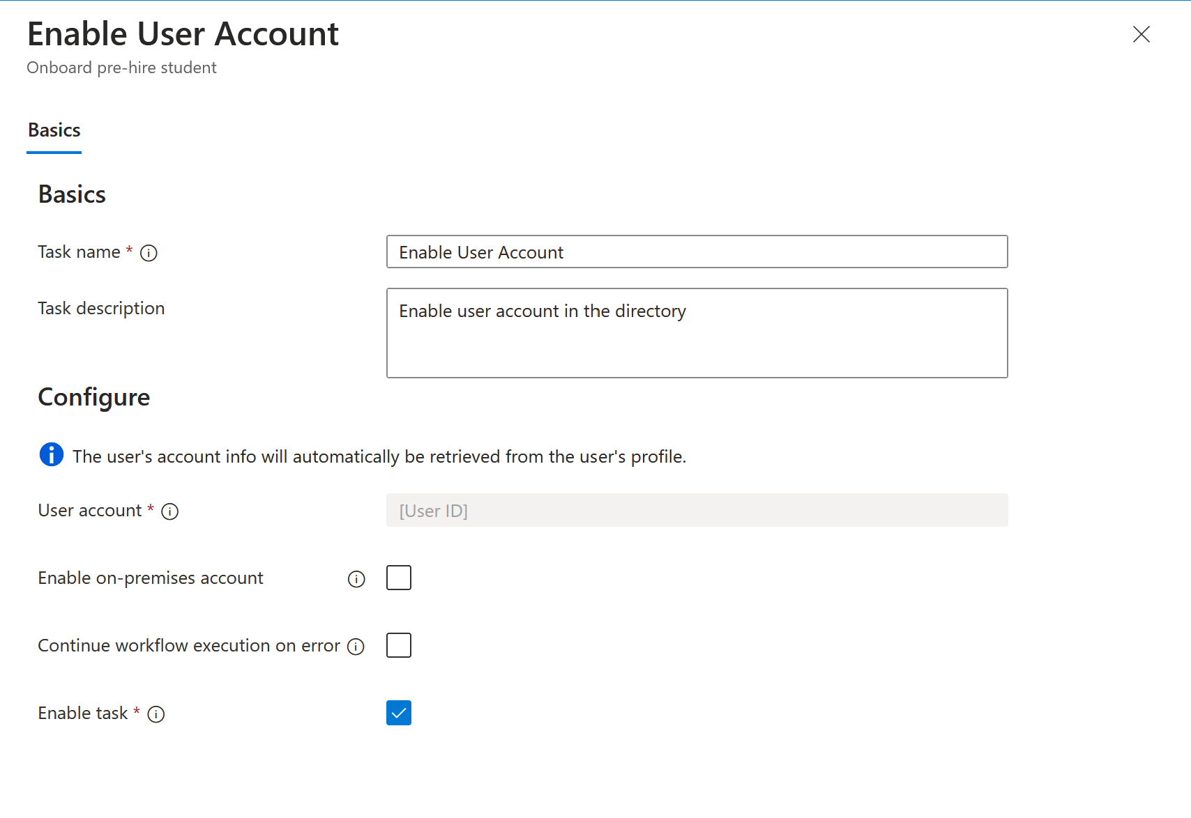 Capture d’écran de la tâche des workflows&nbsp;: Activer un compte d’utilisateur.