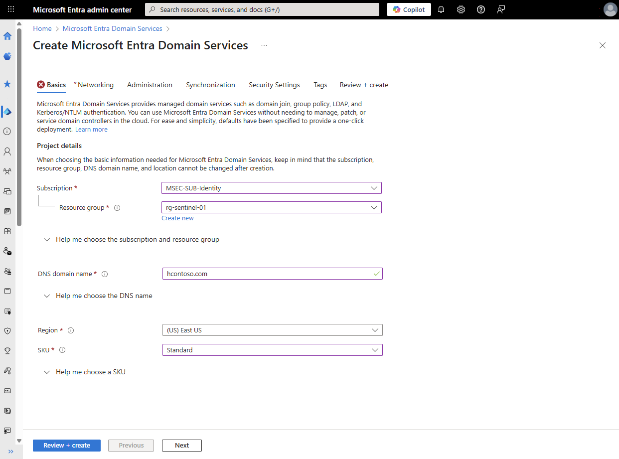 Capture d’écran de la page de configuration De base d’un domaine managé.