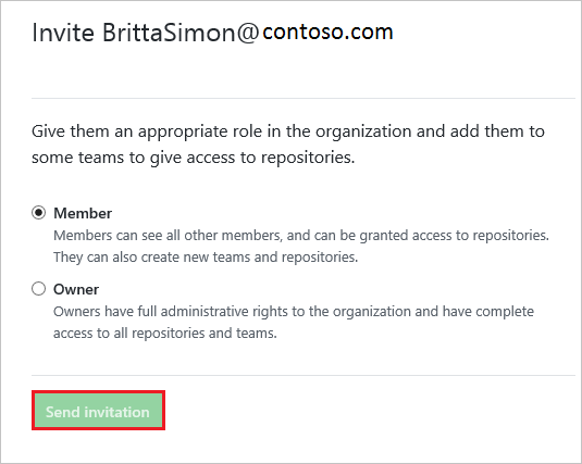 Capture d’écran montrant la page de boîte de dialogue «&nbsp;Inviter un membre&nbsp;» avec l’option «&nbsp;Membre&nbsp;» et le bouton «&nbsp;Envoyer une invitation&nbsp;» sélectionnés.