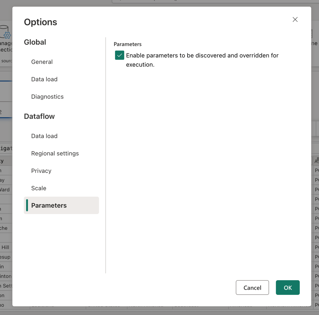 Capture d’écran de la boîte de dialogue Options dans Dataflow Gen2 avec la section Paramètres montrant le paramètre « Activer pour être découvert et remplacé pour l’exécution ».