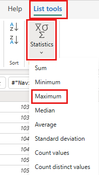 Capture d’écran montrant la fonction Outils de liste statistiques maximum.