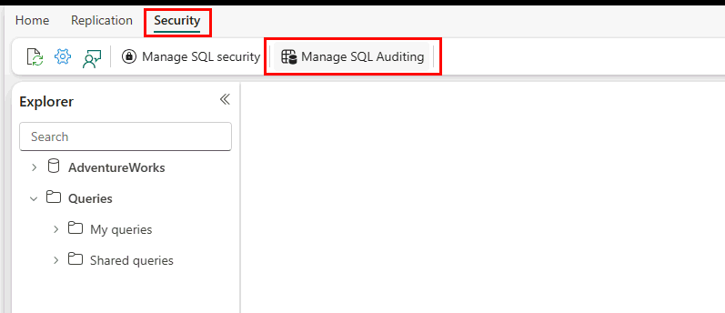 Capture d’écran du portail Fabric, montrant l’onglet Sécurité et le bouton Gérer l’audit SQL.