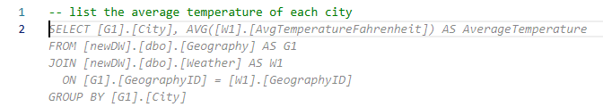 Capture d’écran de l’éditeur de requête illustrant un bloc de suggestions de code basé sur un commentaire demandant la «&nbsp;liste des températures moyennes de chaque ville&nbsp;».