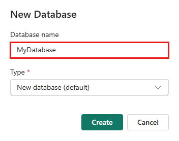 Capture d’écran de la fenêtre New KQL Database (Nouvelle base de données KQL) présentant le nom de la base de données. Le bouton Create (Créer) est mis en évidence.