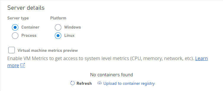 Server details with Linux Container selected as OS and server type