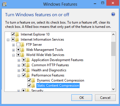 Capture d’écran de la boîte de dialogue Fonctionnalités Windows. La fonctionnalité compression de contenu statique est mise en surbrillance.