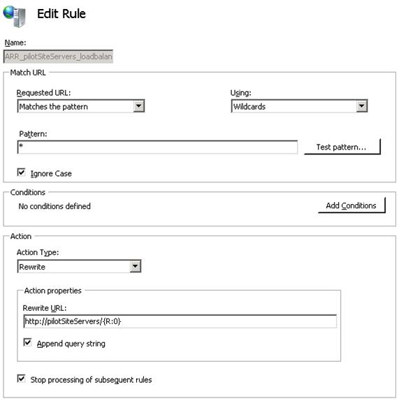 Capture d’écran du volet Modifier la règle pour la répartition de charge des serveurs de site pilotes A R R avec les paramètres par défaut sélectionnés.