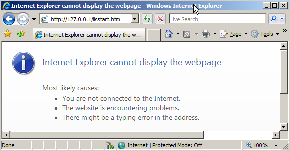 Capture d’écran du navigateur web Internet Explorer. Le texte de la page indique qu’Internet Explorer ne peut pas afficher la page web.