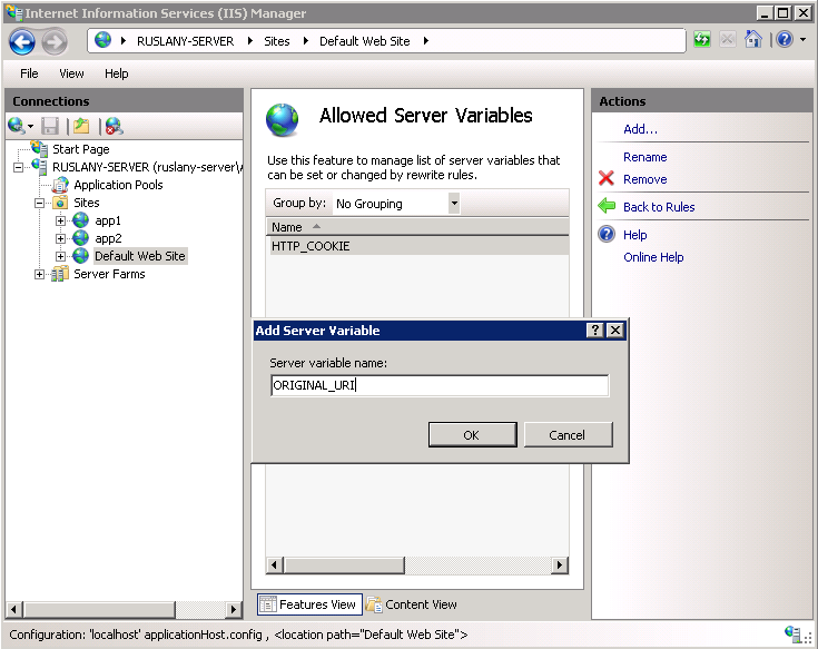 Capture d’écran de la boîte de dialogue d'ajout d'une variable de serveur avec ORIGINAL_URI entré comme nom de variable serveur.