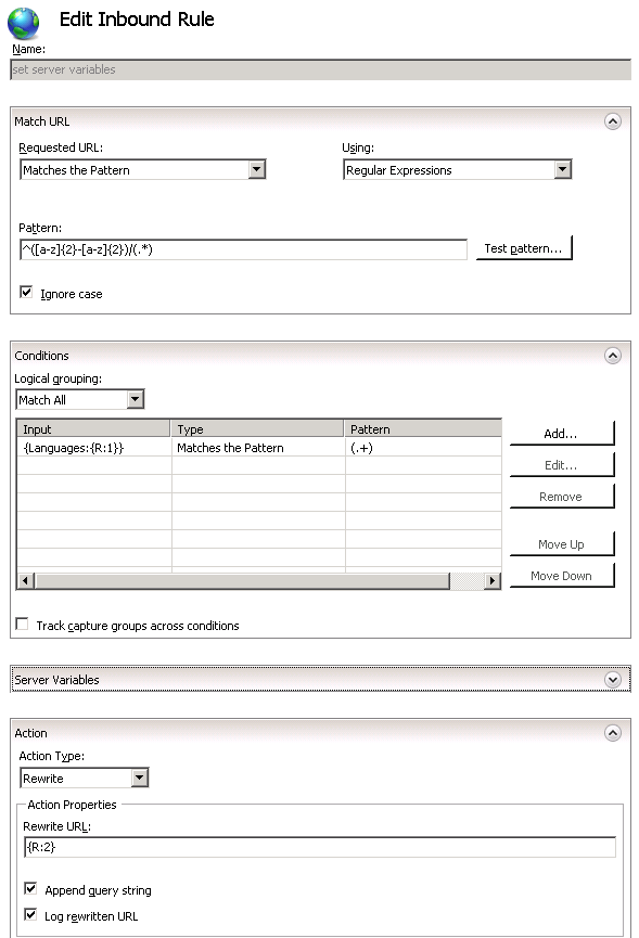 Capture d'écran de l'écran de modification de la règle de trafic entrant présentant les sections Nom, URL de correspondance, Conditions, Variables de serveur et Actions.