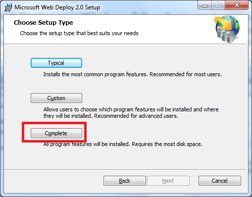 Capture d’écran montrant l’assistant d'installation de Microsoft Web Deploy 2 point 0. Terminé est mis en surbrillance.