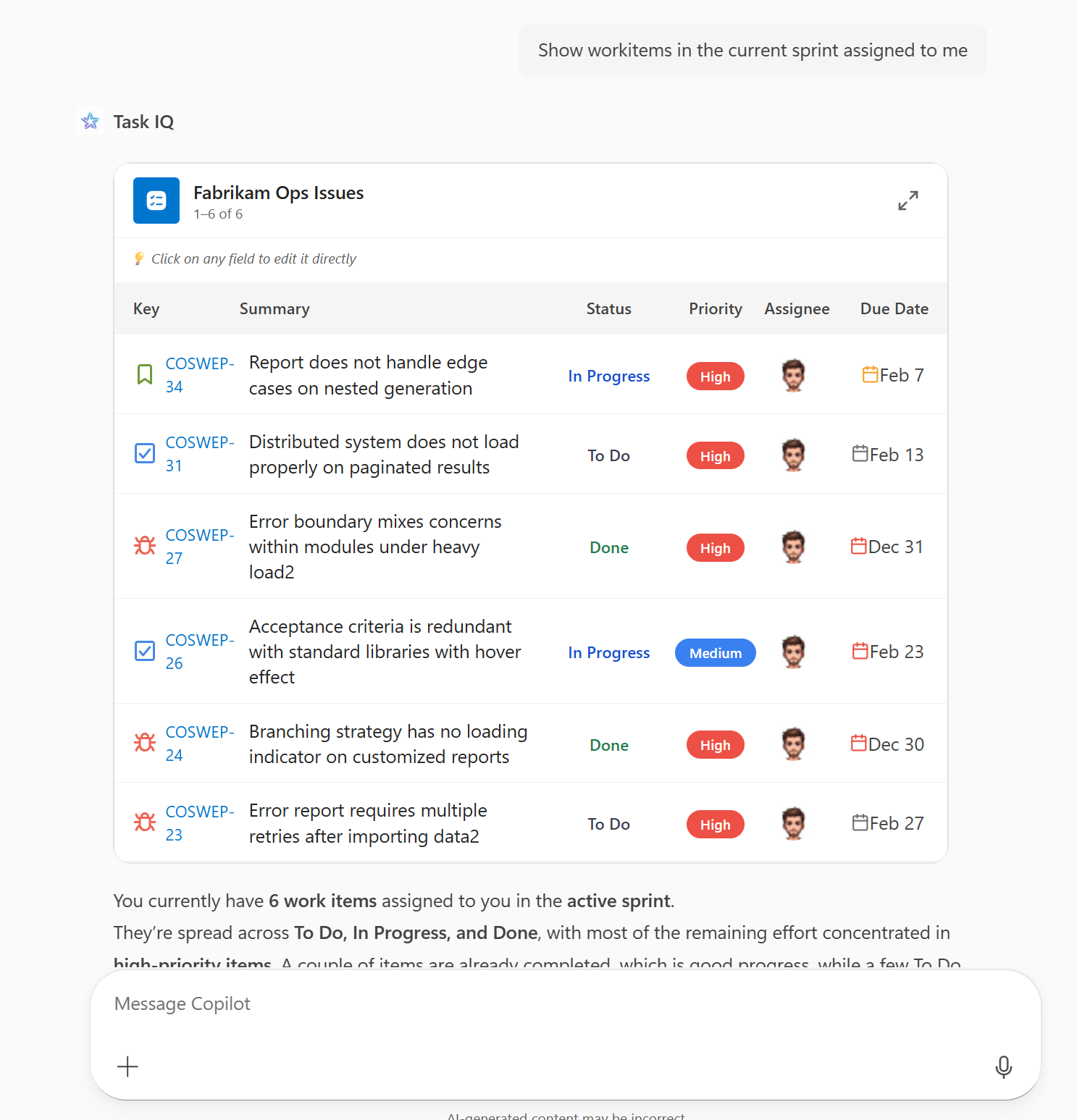 Capture d’écran du widget Tâches sprint dans Microsoft 365 Copilot