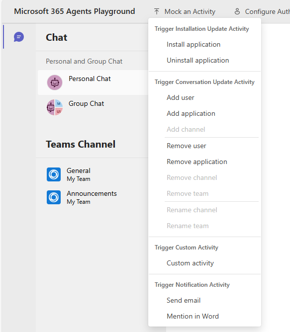 Capture d'écran montrant l'interface d'Agents Playground avec le menu Simuler une activité déployé, affichant des options d'activités de notification de déclenchement, incluant l'envoi d'e-mails et la mention dans Word.