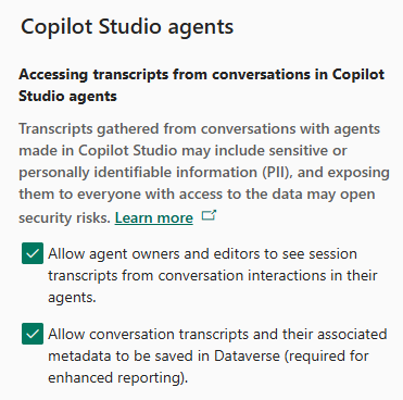 Capture d'écran de la section des paramètres de Copilot Studio pour les environnements dans le centre d'administration de Power Platform.