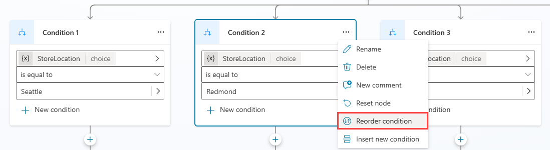 Capture d’écran mettant en évidence l’option de menu Réorganiser la condition.