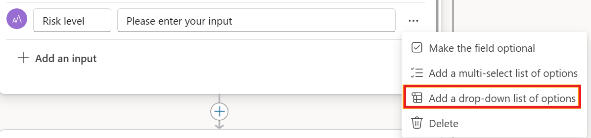 Capture d’écran des options de sélection unique pour les entrées de texte dans Copilot Studio.