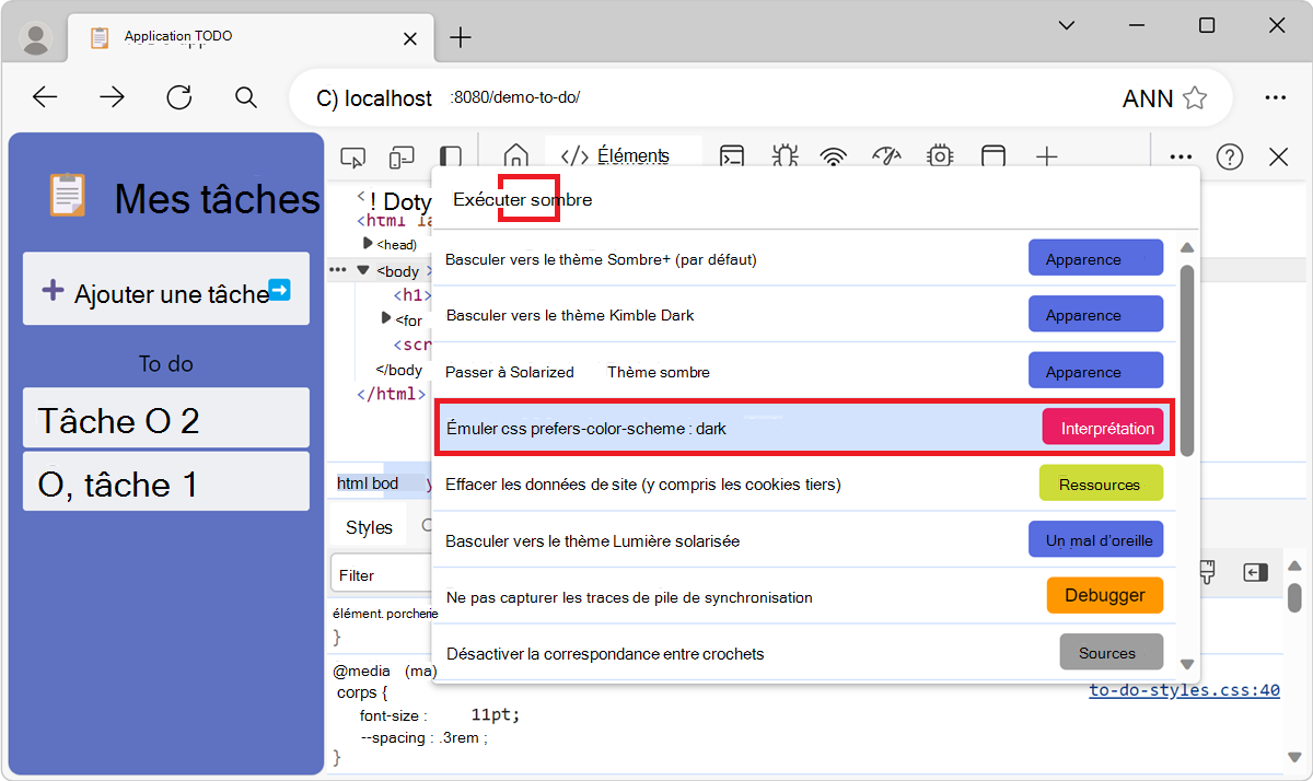 Émulation du mode sombre ou clair à l’aide des commandes « Rendu : Émuler CSS prefers-color-scheme » dans le menu Commandes