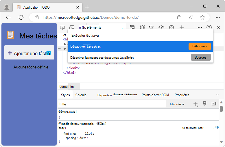 Utilisation du menu commande pour désactiver JavaScript
