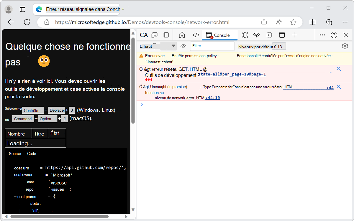 La console affiche une erreur Réseau et JavaScript