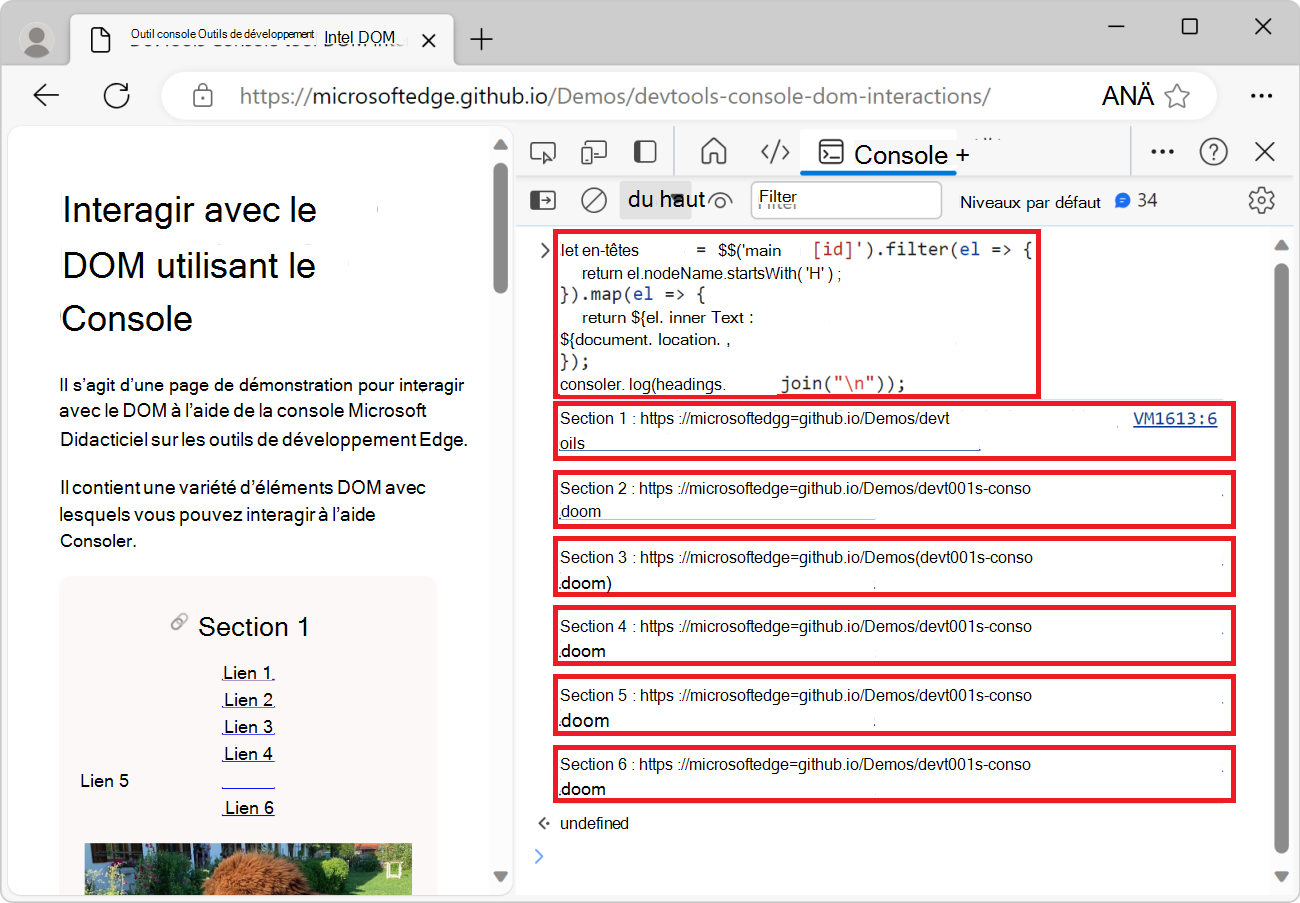 L’outil Console, montrant la liste de tous les en-têtes de la page, ainsi que leurs URL