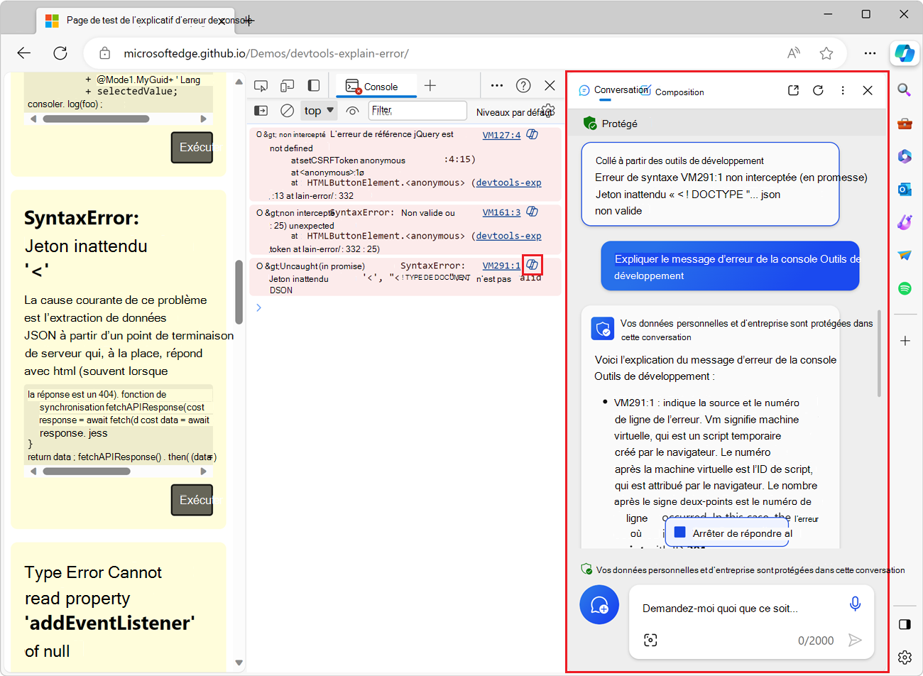 Copilot dans la barre latérale de Microsoft Edge, affichant le message d’erreur et l’explication