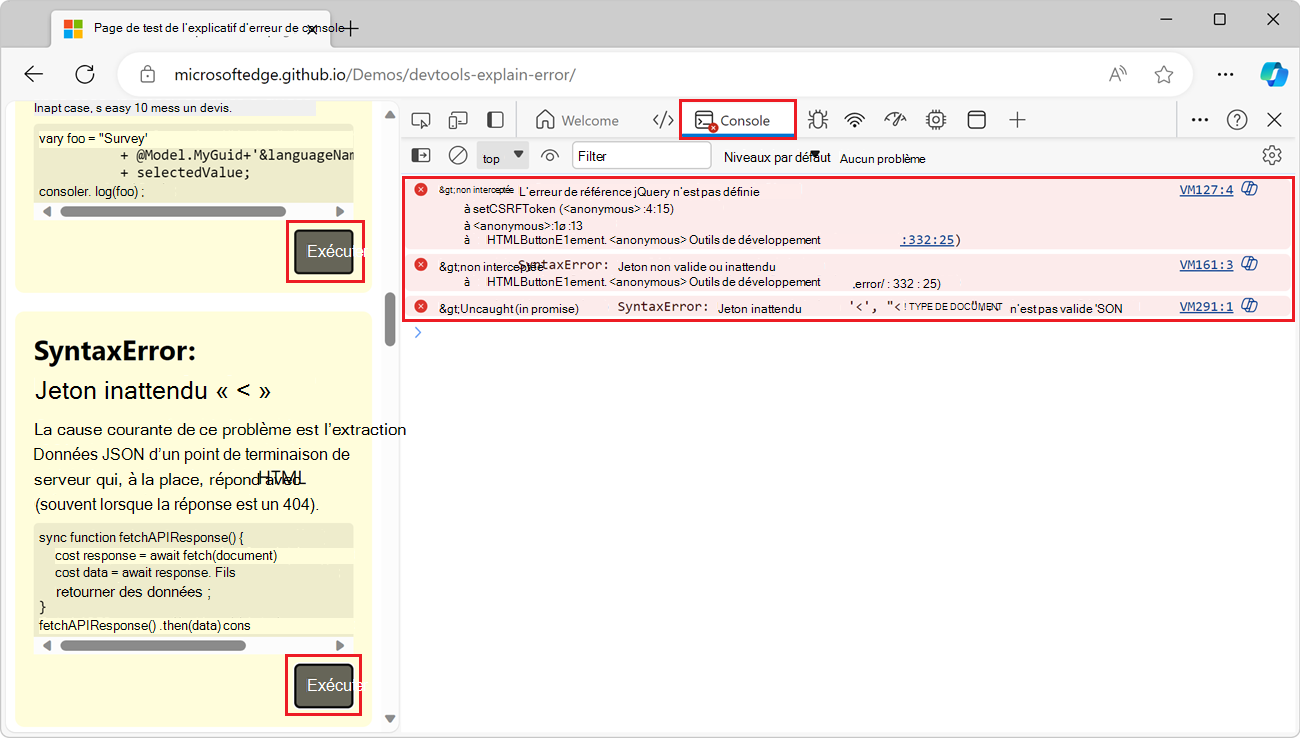 Page web de démonstration dans Edge, avec la console DevTools à côté, affichant quelques messages d’erreur